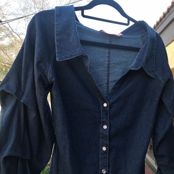 LAUREN GABRIELSON Chic Denim V-Neck Portrait Collar Balloon Sleeves Top Sz S